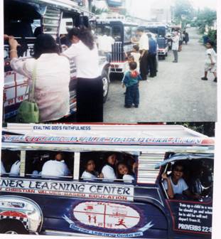 People praying over the busses and a bus with happy students inside,
